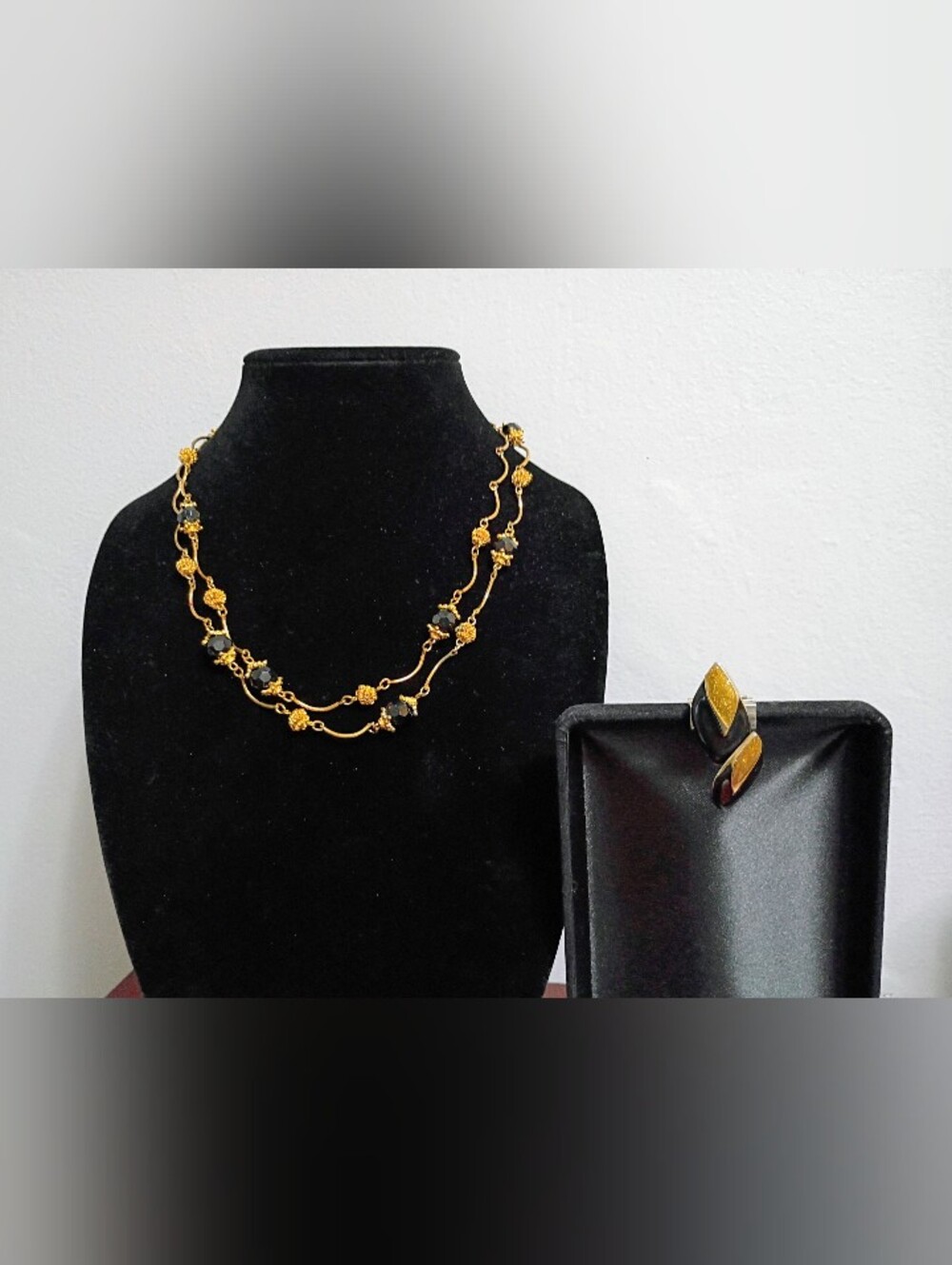 Gold Toned and Black Beaded Necklace and Pierced Earrings In Black and Gold